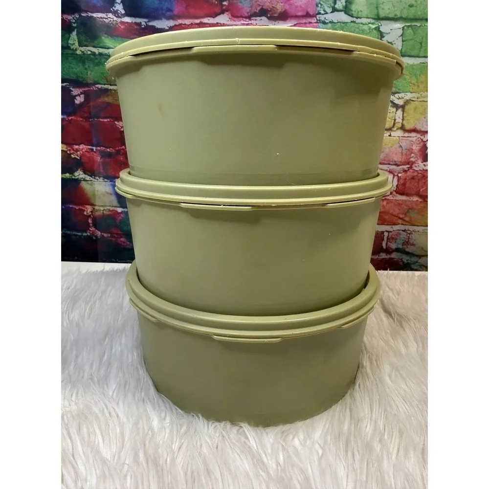 Vintage Tupperware Servalier Set of 3 Avocado Green White Starburst Canisters